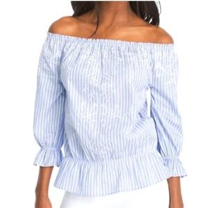 WHBM Blue and White Striped Embroidered Top